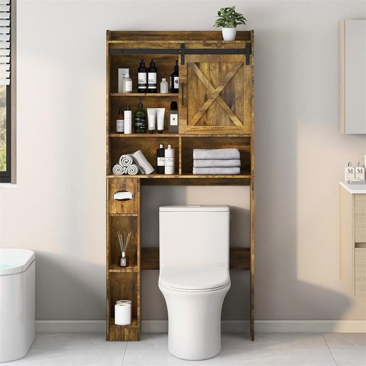 a bathroom with a toilet and shelves in it