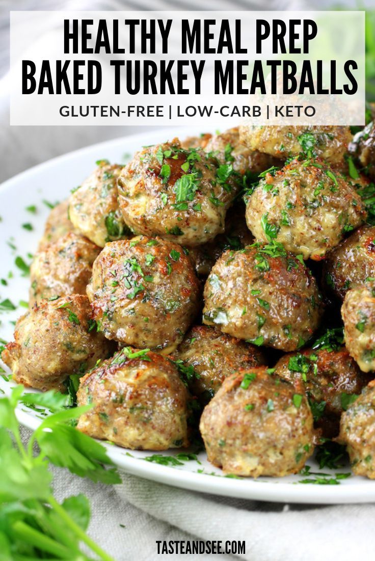 meatballs on a plate with parsley in the middle and text overlay that reads healthy meal prep baked turkey meatballs