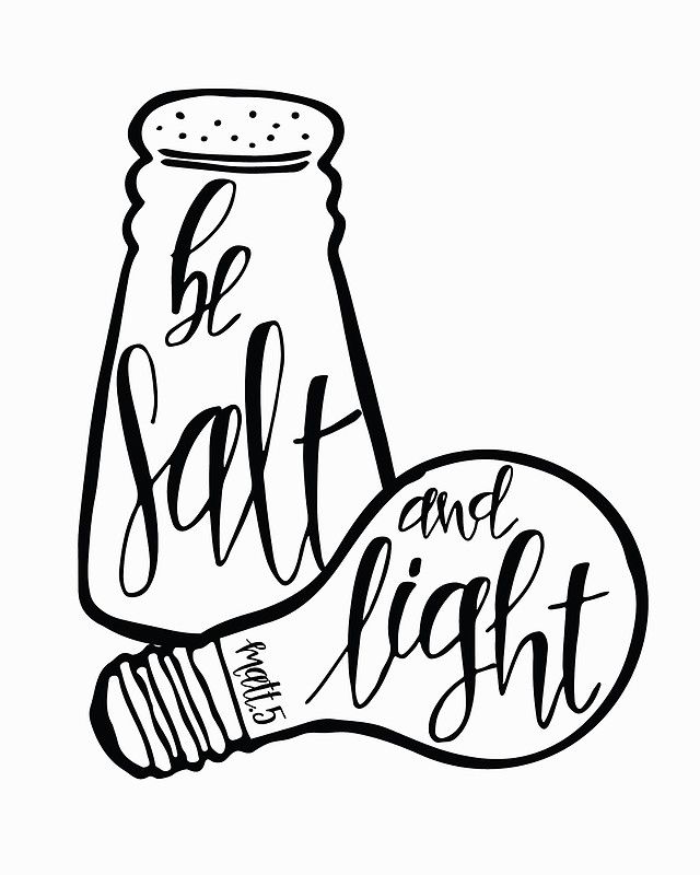 a black and white drawing of a light bulb with the words be salt and light on it