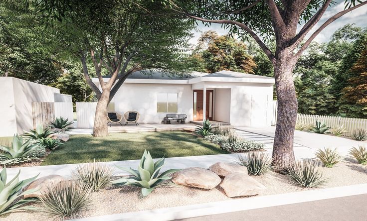 an artist's rendering of a house in the desert with rocks and plants around it