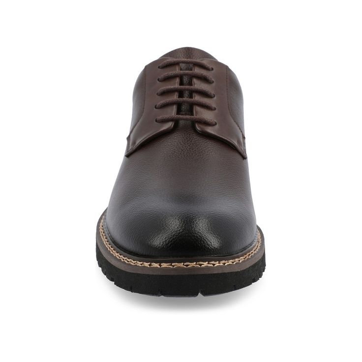 Introducing the Martin plain toe derby by Vance Co. These professional-style shoes are crafted with premium vegan leather, offering a sleek and business-savvy look. Featuring a 12 mm Tru Comfort Foam™ insole and a lace-up design, they provide all-day comfort and a secure fit. With a 1-1/4 inch block heel, round-toe shape, and padded tongue for extra comfort, the Martin derby combines professional style with maximum comfort, making it an ideal choice for the office or any occasion. Brown Derby Shoes With Rubber Sole For Office, Brown Plain Toe Lace-up Shoes For Business Casual, Brown Textured Sole Oxfords For Business, Workwear Derby Shoes With Branded Insole And Almond Toe, Brown Goodyear Welted Lace-up Work Shoes, Brown Lace-up Shoes With Goodyear Welt For Business Casual, Cap Toe Oxfords With Leather Footbed For Work, Cap Toe Oxfords With Leather Footbed For Office, Brown Moc Toe Lace-up Shoes For Business Casual