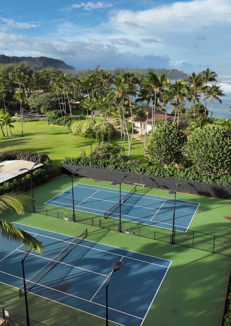 an aerial view of a tennis court surrounded by palm trees and the ocean in the background