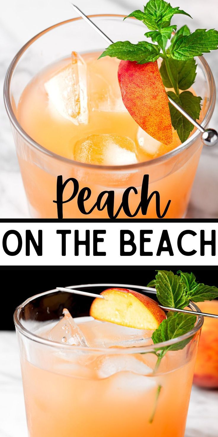 peach on the beach cocktail in glasses with mint garnish