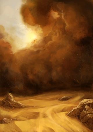 an oil painting of a desert landscape with rocks and dirt in the foreground, dark clouds above