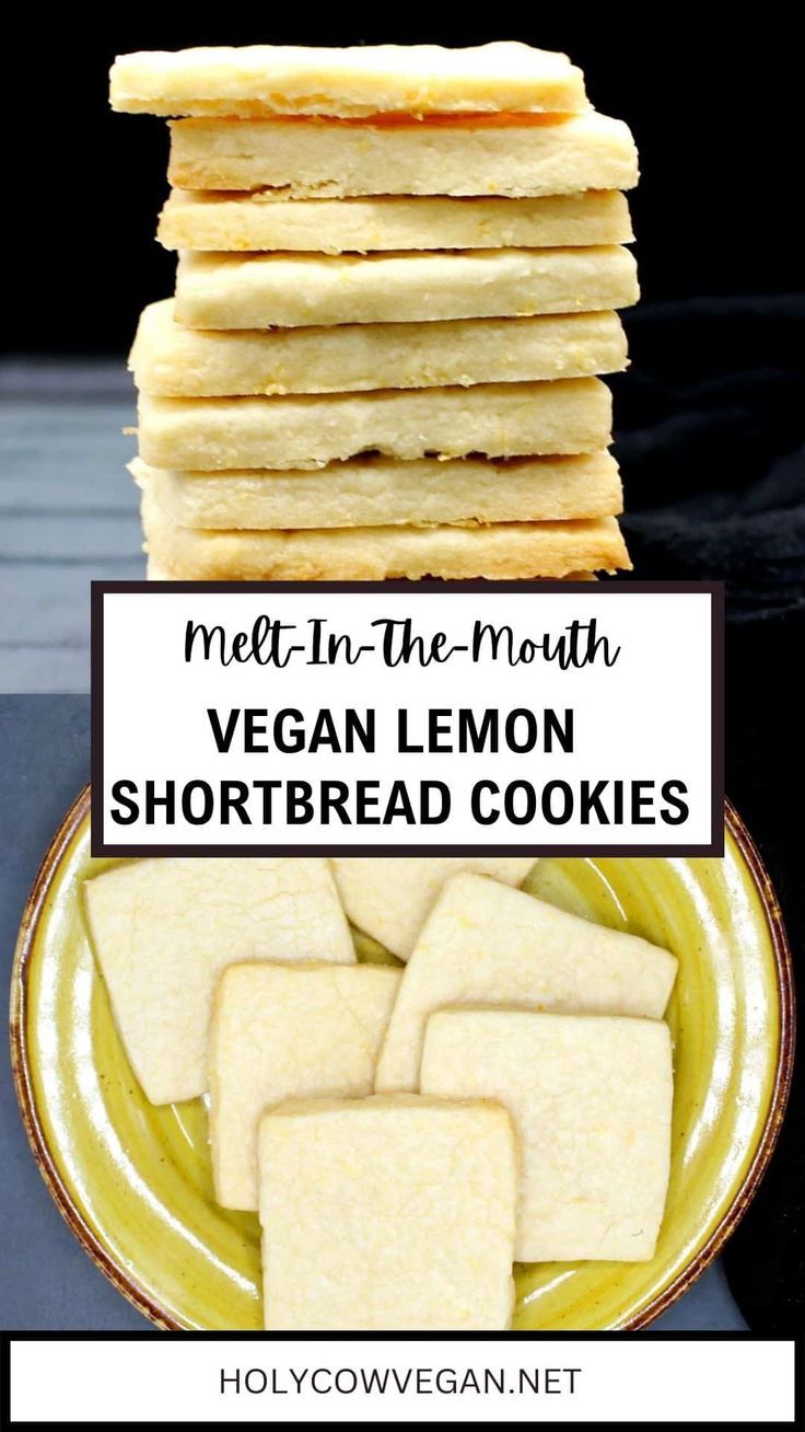 vegan lemon shortbread cookies stacked on top of each other in a yellow plate