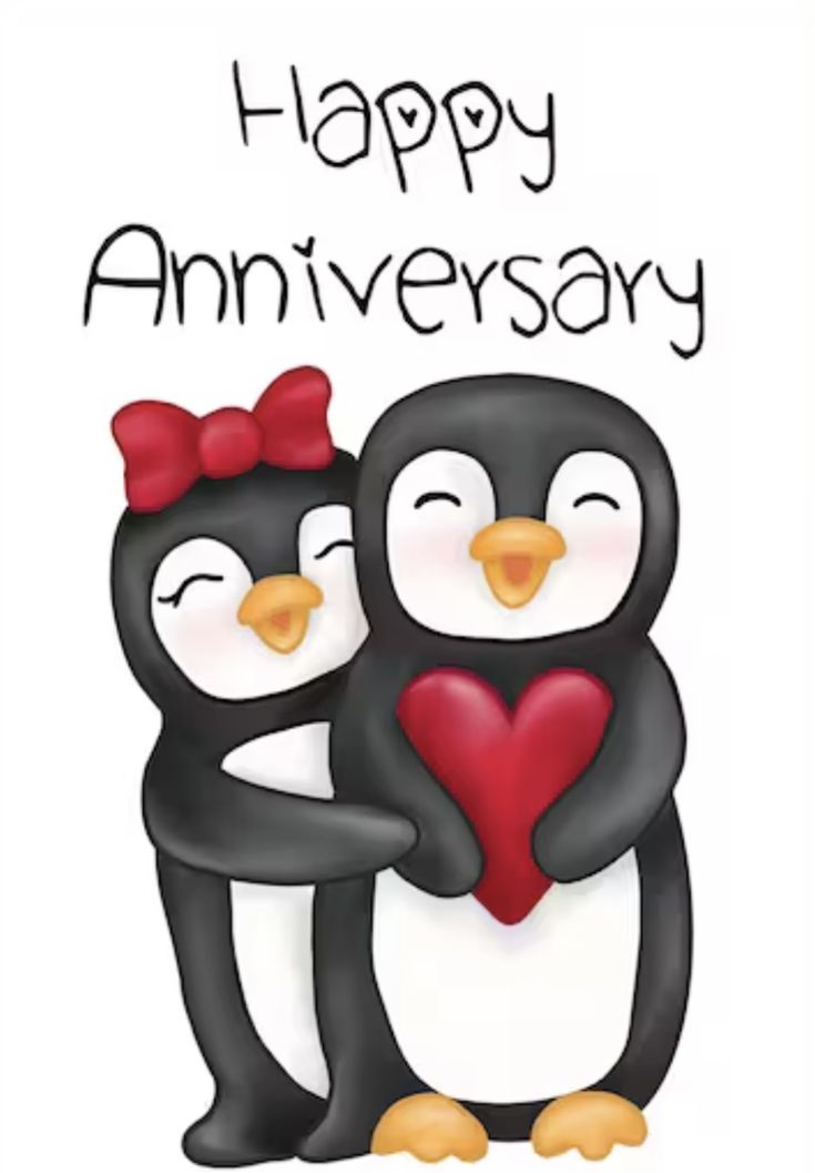 two penguins hugging each other with the words happy anniversary