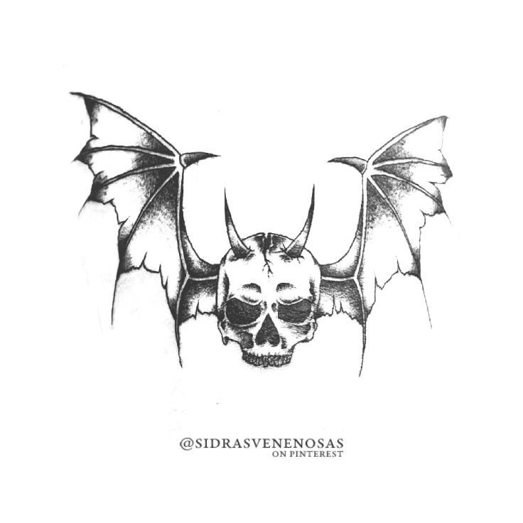 a drawing of a skull with wings and a bat on it's back side