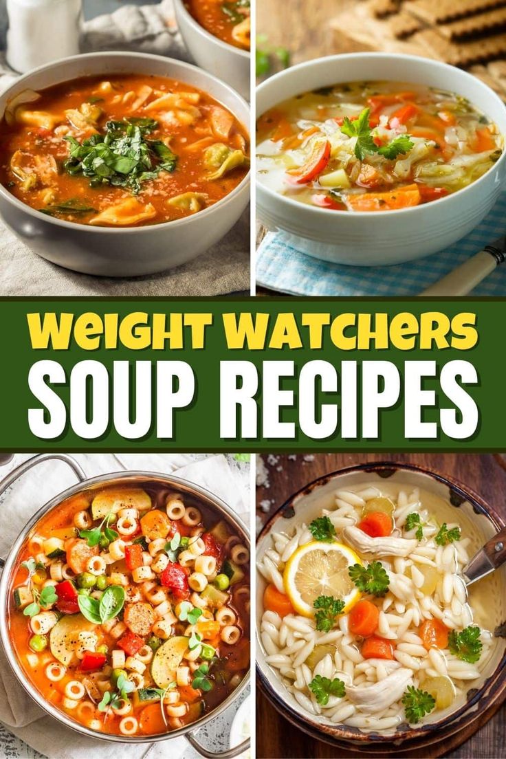 four different soups are shown with the words weight watchers'soup recipes