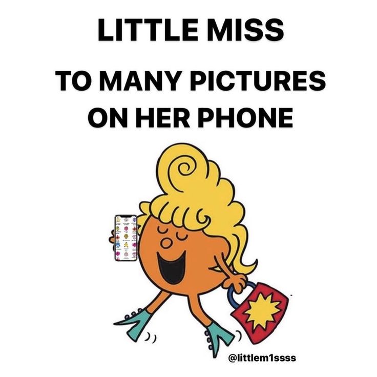 the little miss to many pictures on her phone is shown in black and white text