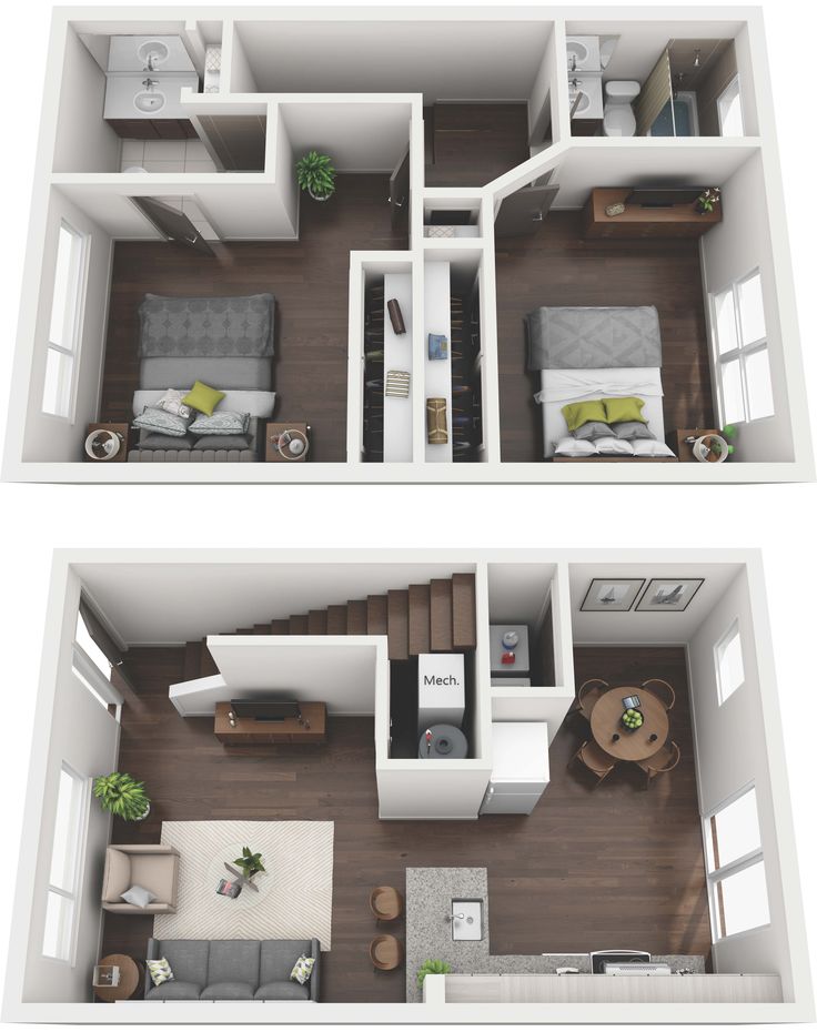 two 3d renderings of an apartment's living room and bedroom with the kitchen