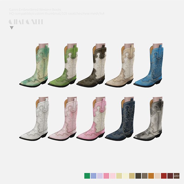 Charonlee: 【Ganni Embroidered Western Boots】 Sims 4 Western, Boots Sims 4 Cc, Sims 4 Cc, Western Boots, Sims 4, Cowboy Boots, Cowboy, Mesh, Boots