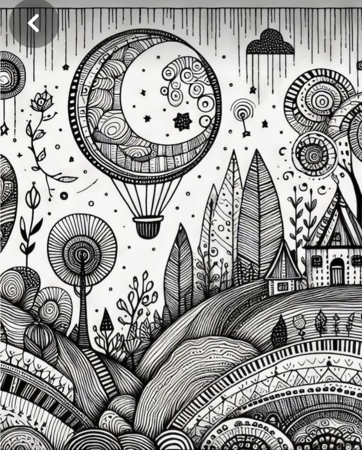 a black and white drawing of an air balloon in the sky with trees, houses and mountains