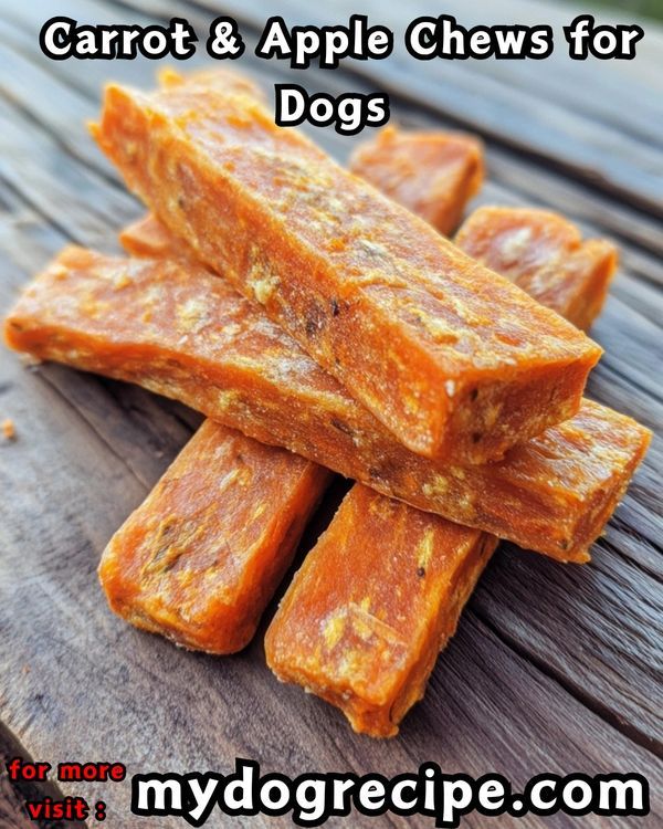 carrot and apple chews for dogs on a wooden table with text overlay that reads carrot and apple chews for dogs