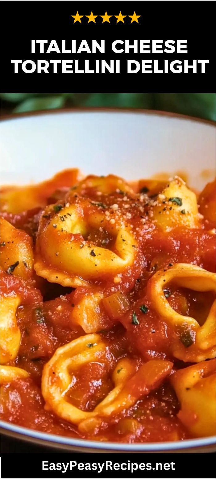 pasta with tomato sauce in a white bowl on top of a green tablecloth and the words italian cheese tortelli delight