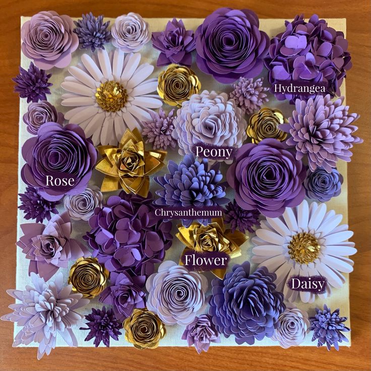 purple and white paper flowers with names on them