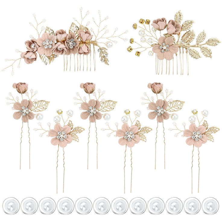 a set of hair pins with flowers and leaves