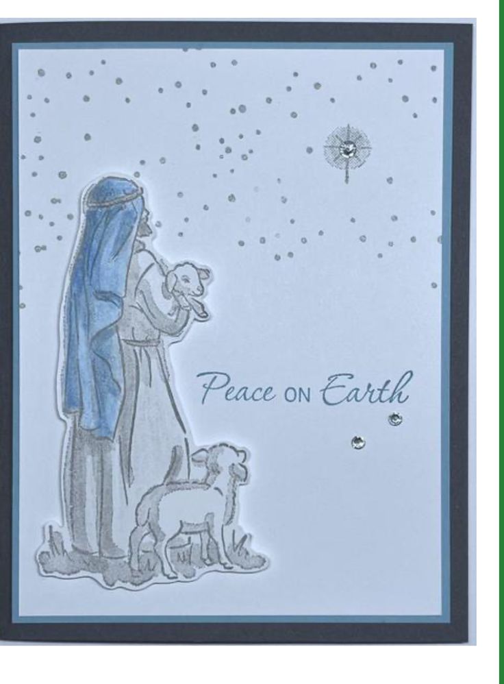 a christmas card with an image of a woman and two dogs in front of the words peace on earth