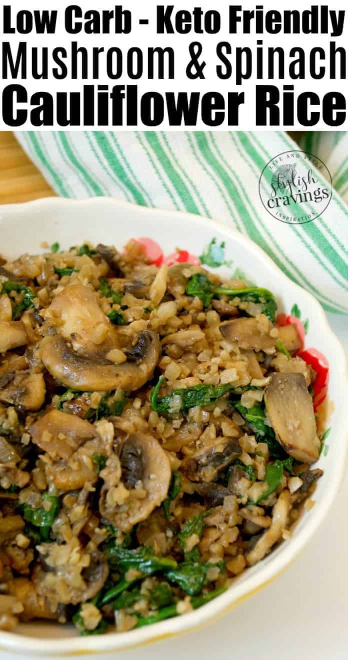 a white bowl filled with mushroom and spinach rice on top of a wooden table