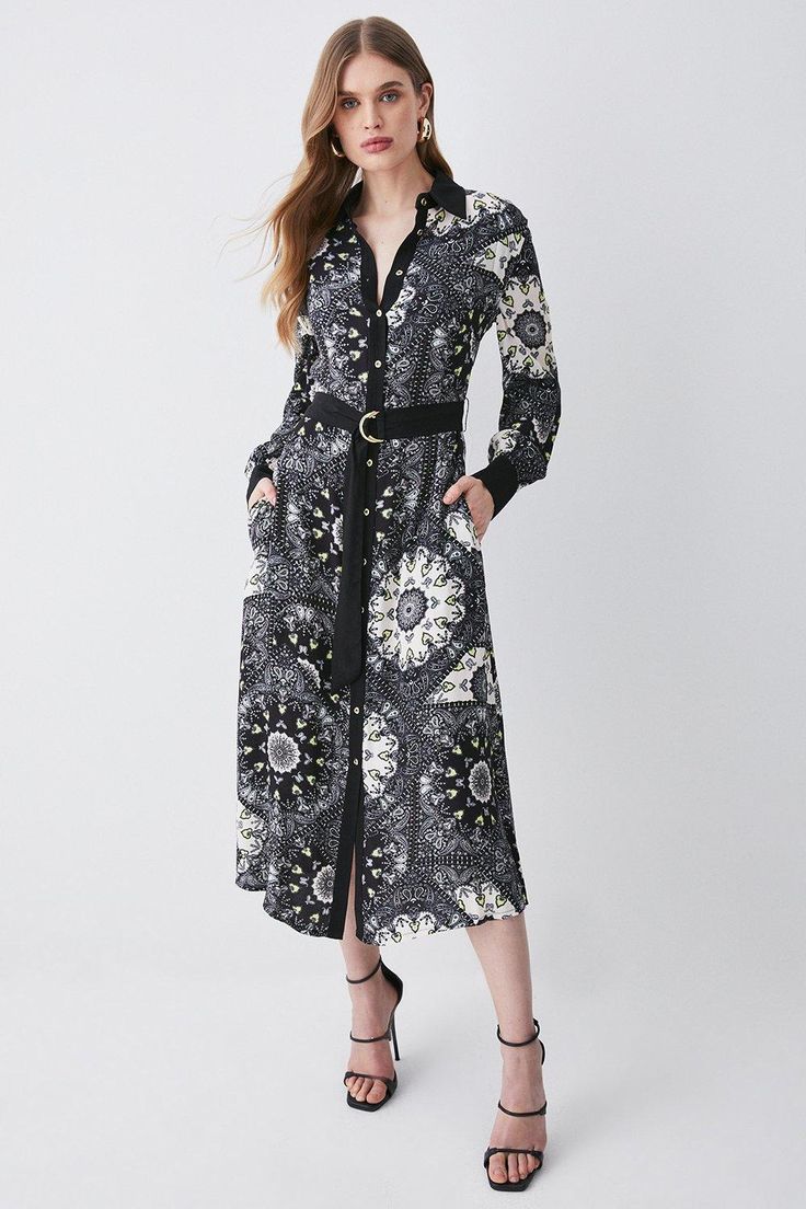 This Shirt Dress Makes An Elegant Addition To Your Closet. A Paisley Pattern Creates A Bohemian Mood, Further Emphasised By The Floaty Silhouette.This Garment Is Part Of Our Ready For The Future Rangeit Is Made With Responsibly Sourced Viscose, Helping To Protect Our World'S Forests. Scarf Belt, Midi Shirt Dress, Karen Millen, Paisley Pattern, Fashion Face, Dress Collection, Dress Making, Designer Dresses, Wrap Dress