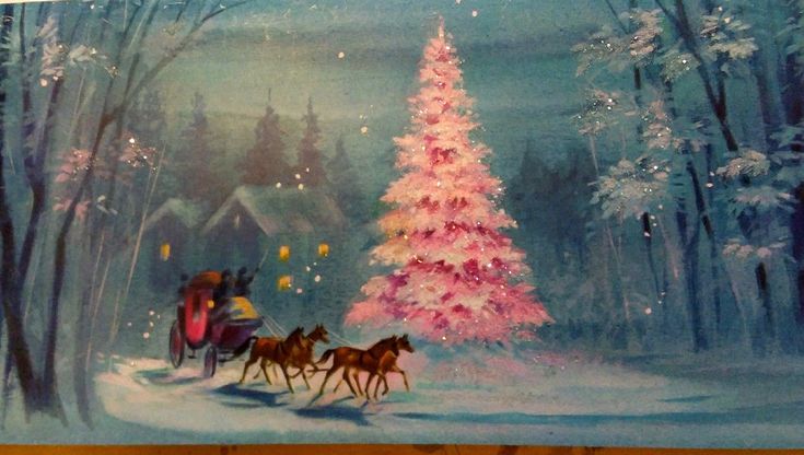 a christmas card with horses pulling a sleigh in front of a pink tree