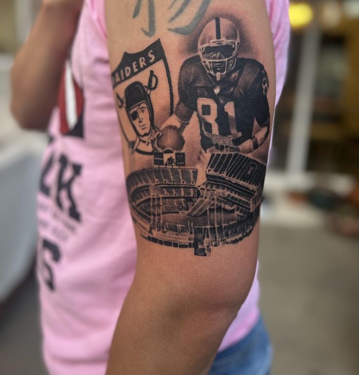 a man with a football tattoo on his arm