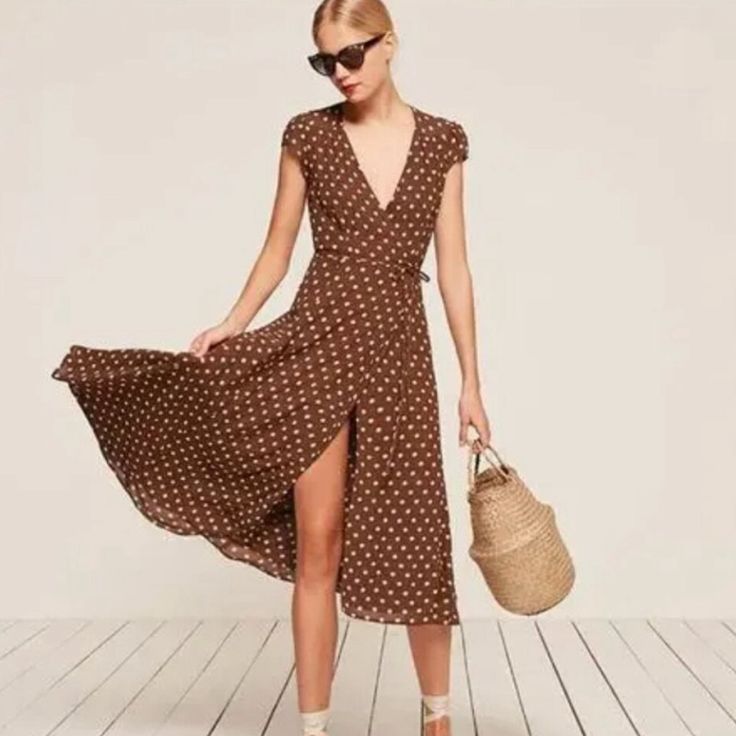 Brown Polka Dots. Wrap Dress Brown Fitted V-neck Wrap Dress, Brown A-line Midi Dress For Vacation, Fitted Maxi Wrap Dress For Vacation, Fitted Maxi Length Wrap Dress For Vacation, Chic Fitted Wrap Dress For The Beach, Brown Fitted Maxi Length Dress, V-neck Midi Dress For Date In Summer, V-neck Midi Dress For Summer Date, Fitted V-neck Midi Dress For Date