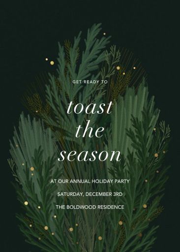 the holiday party flyer is designed to look like it has pine branches and berries on it