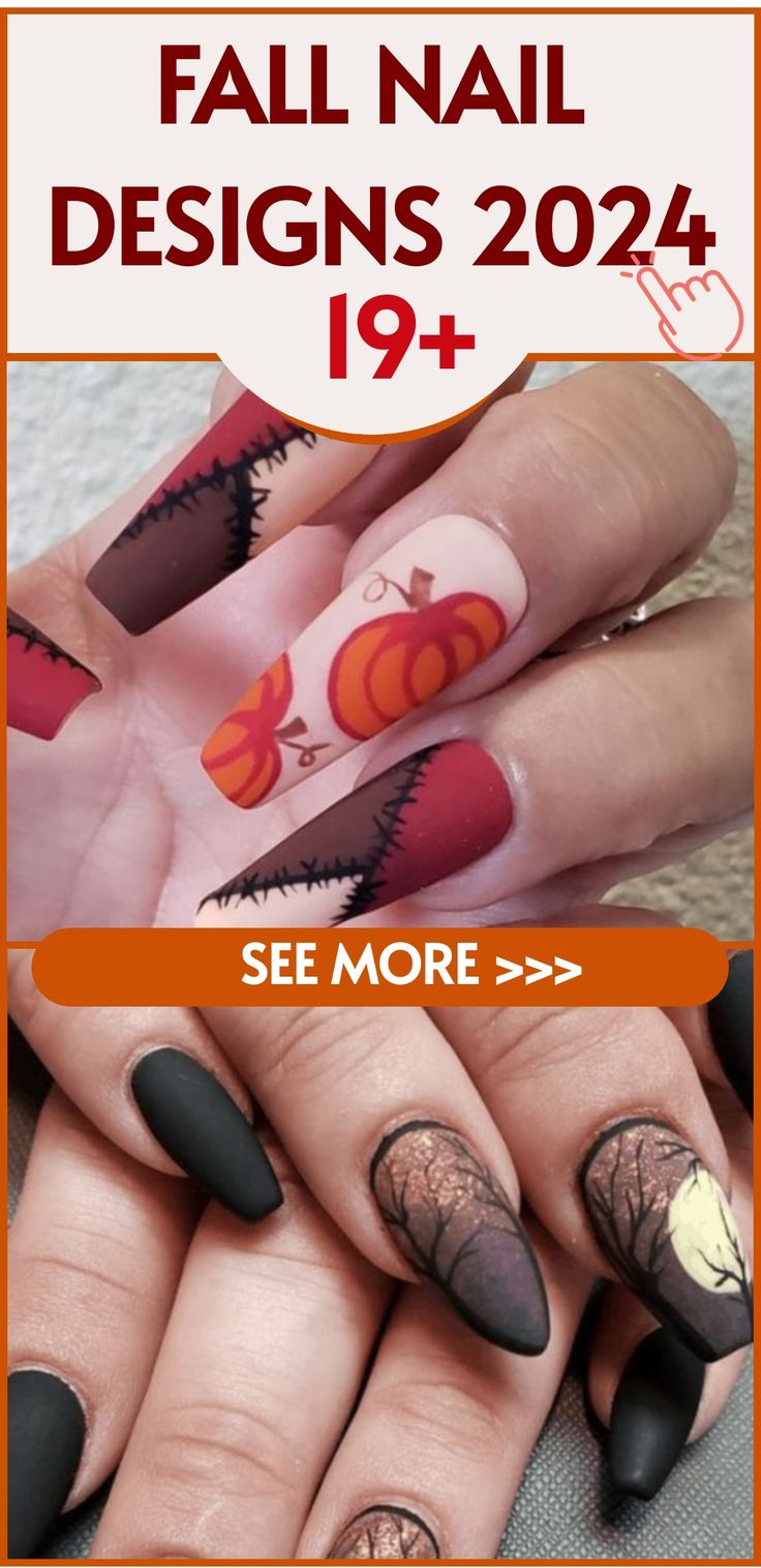 Discover the latest fall nail designs for 2024 that will take your autumn look to the next level. Whether you prefer classic neutrals or striking bold hues, our exclusive collection offers nail art options to match any fall ensemble. Elevate your style with these chic and trendy nail designs perfect for the season ahead. Fall Nail Design Ideas 2024, Fall Nail Art Tutorial, Fall 2024 Nail Designs, Fall Nail Art 2024, Fall Pumpkin Nail Designs, Neutral Fall Nail Designs, Fall Nails Ideas Autumn 2024, Halloween Nail Designs 2024, Fall Season Nail Designs