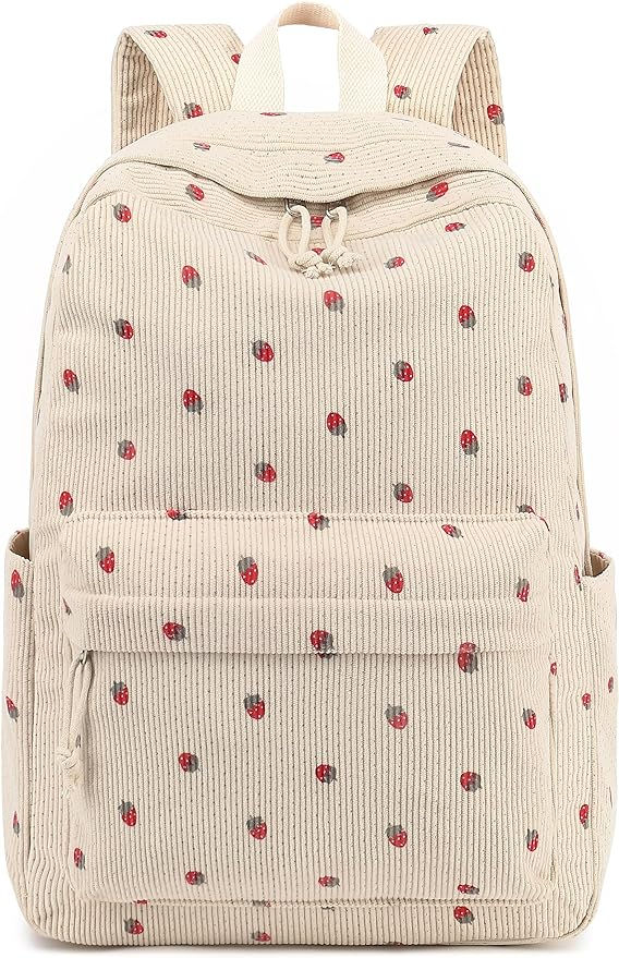 School Backpack for Teen Girls Bookbags Elementary High School Corduroy Laptop Bags Women Travel Daypacks (Strawberry Beige) Strawberry Backpack, Canvas Duffel Bag, Teen's Backpack, Middle School Outfit, Cute School Bags, Stylish School Bags, Quick Crochet Patterns, Laptop Bag For Women