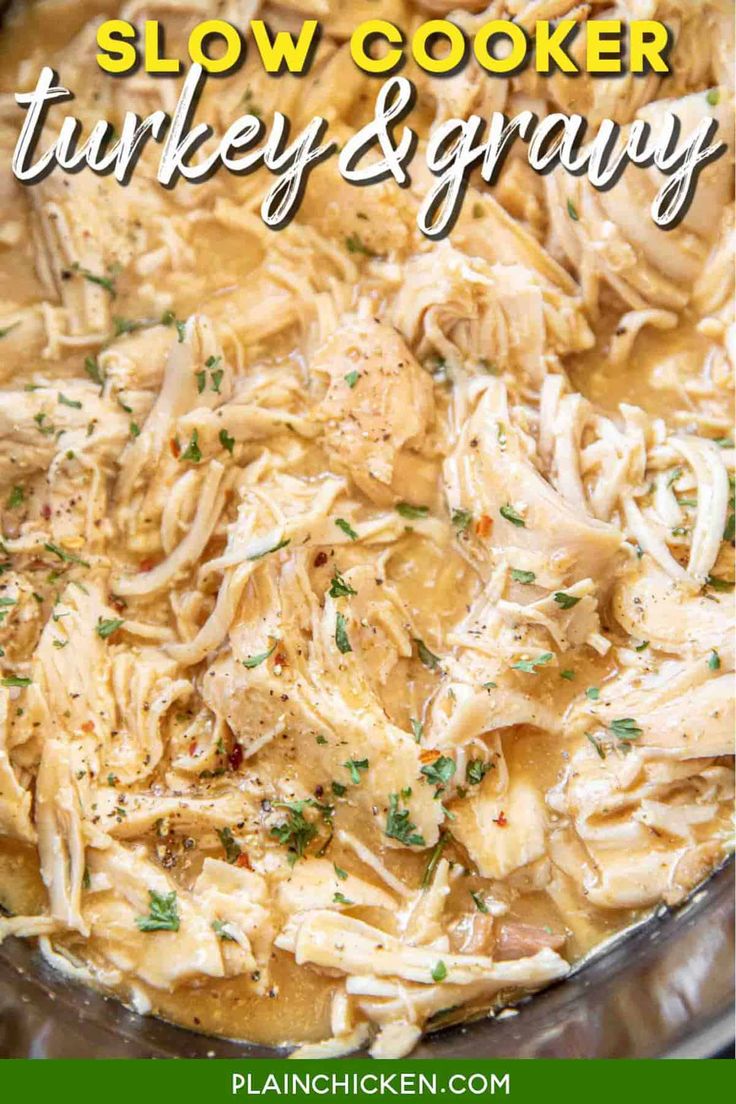 slow cooker turkey and gravy in a crock pot with text overlay