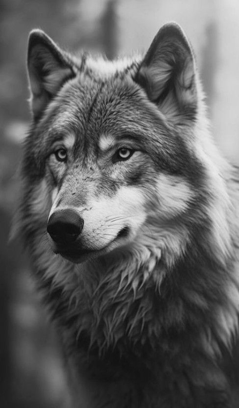 a black and white photo of a wolf looking at the camera with an intense look on his face