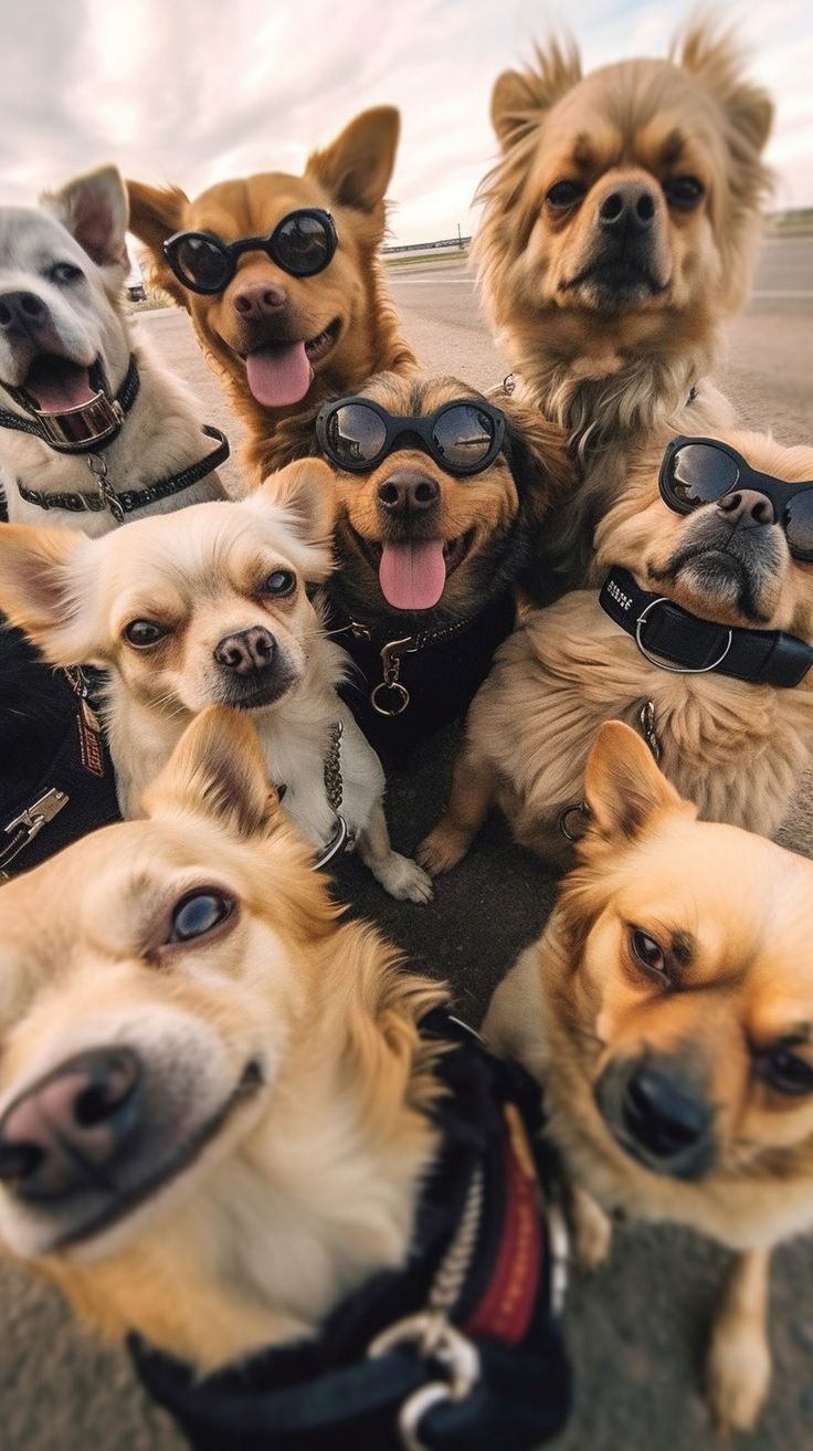 a group of dogs with sunglasses on their heads are sitting in a circle and looking at the camera