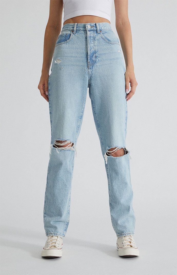 PacSun has got you covered this season with the new Light Blue Distressed Dad Jeans. Featuring a classic high-rise fit, these baggy jeans sit high on the waist and get updated with destruction details at the knee and a light blue wash that goes with every look. They are slightly oversized and fits slouchy and roomy through the hip and thigh with a straight leg fit. Learn more about PacSun eco items PacSun Womens Eco Light Blue Distressed Dad Jeans size 23 Everyday Ripped High Waist Jeans, High Waist Ripped Jeans For Everyday, Everyday Ripped High Rise Jeans, High Rise Ripped Jeans For Everyday, Everyday High Rise Ripped Jeans, Pascun Jeans, Trendy Distressed Mom Fit Jeans, Trendy Distressed Mom Jeans, Spring Distressed Mom Fit Jeans