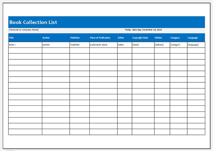 the book collection list is shown in blue and white