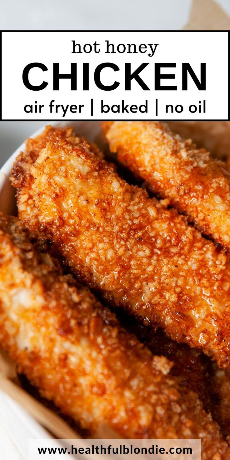 some fried chicken sticks are in a white bowl with the words hot honey chicken air fryer baked no oil