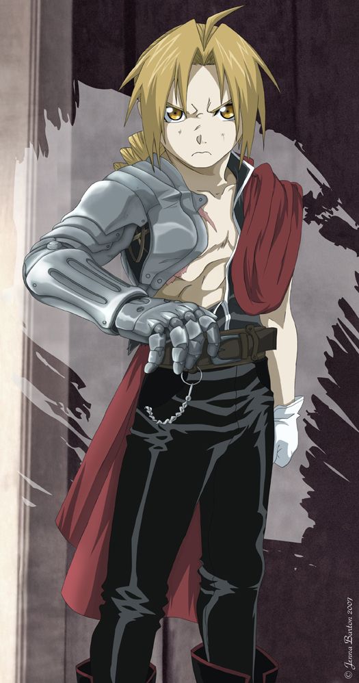 an anime character with blonde hair wearing black pants and a red cape standing in front of a wall