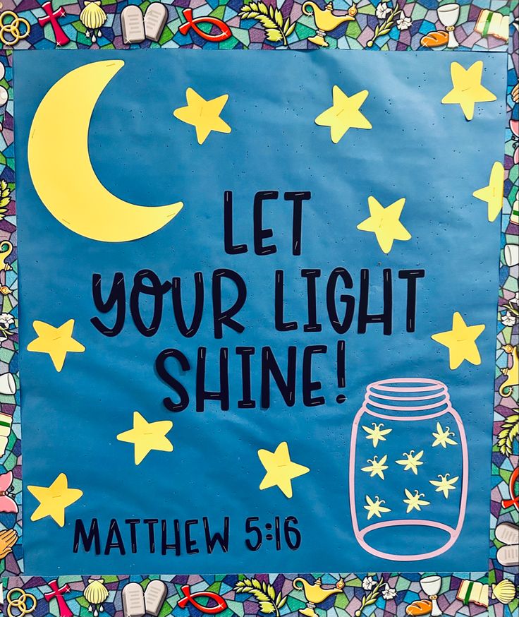 a blue sign that says let your light shine with stars and a mason jar on it