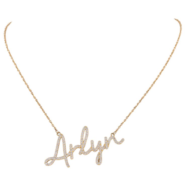 14K Solid Gold Diamond Personalized Name "Arlyn" Adjustable Rolo ChainMade from high-quality 14K gold, this necklace exudes luxury and sophistication. The delicate Rolo chain adds a touch of finesse to the design, creating a piece that effortlessly enhances any outfit, whether it's for everyday wear or special occasions.Weight: 5.8 gMaterial: 14K Yellow GoldLength: 16"-17" Adjustable- 20mm Long PendantWidth: 2" PendantDiamonds: 115 x 0.005Ctw=0.58CtwColor and Clarity: H/I1Total Carat Weight: 0.5 Elegant Personalized Yellow Gold Chain Necklace, Elegant Gold Name Necklace With Cable Chain, Elegant Yellow Gold Name Necklace With Diamond Accents, Elegant Gold Name Necklace With Diamond Accents, Elegant Yellow Gold Name Necklace With Cable Chain, Elegant Diamond Name Necklace, Elegant Gold Diamond Name Necklace, Formal Elegant Name Necklace With Diamond Accents, Personalized White Gold Elegant Chain Necklace