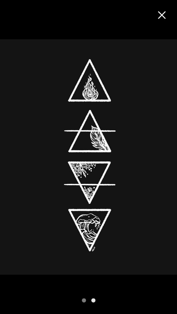 three triangles with different shapes in the middle and one triangle at the top, on a black background