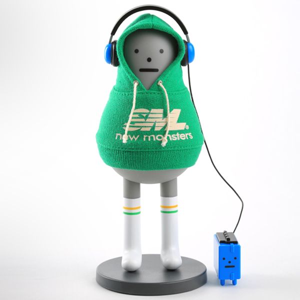 a cartoon character wearing headphones and a green hoodie with the words sticky monster lab on it