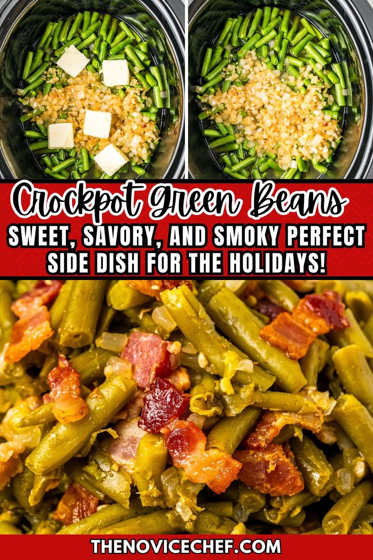 green beans, sweet savory and smoky perfect side dish for the holidays with text overlay