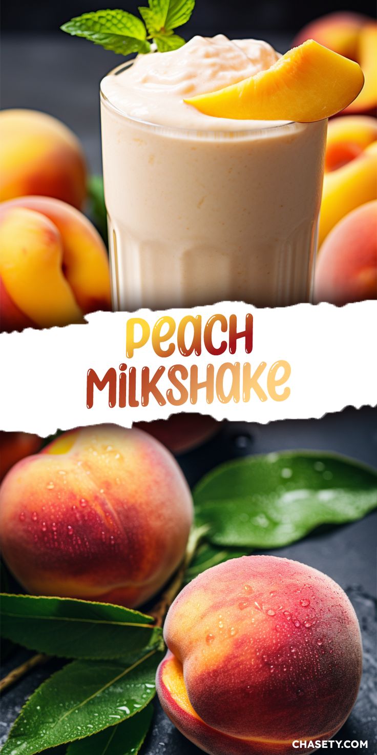 peach milkshake with fresh peaches on the side and text overlay that reads peach milkshake