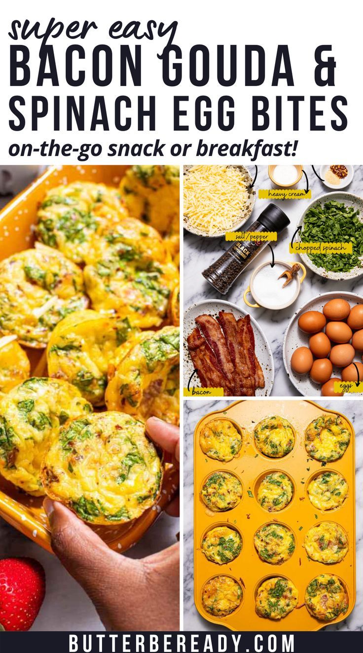 bacon, guacamole and spinach egg bites collage with text overlay