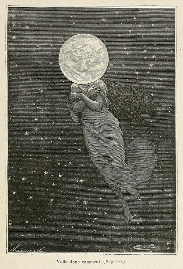 an illustration of a woman holding the moon above her head