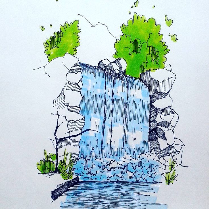 a drawing of a waterfall with trees in the background