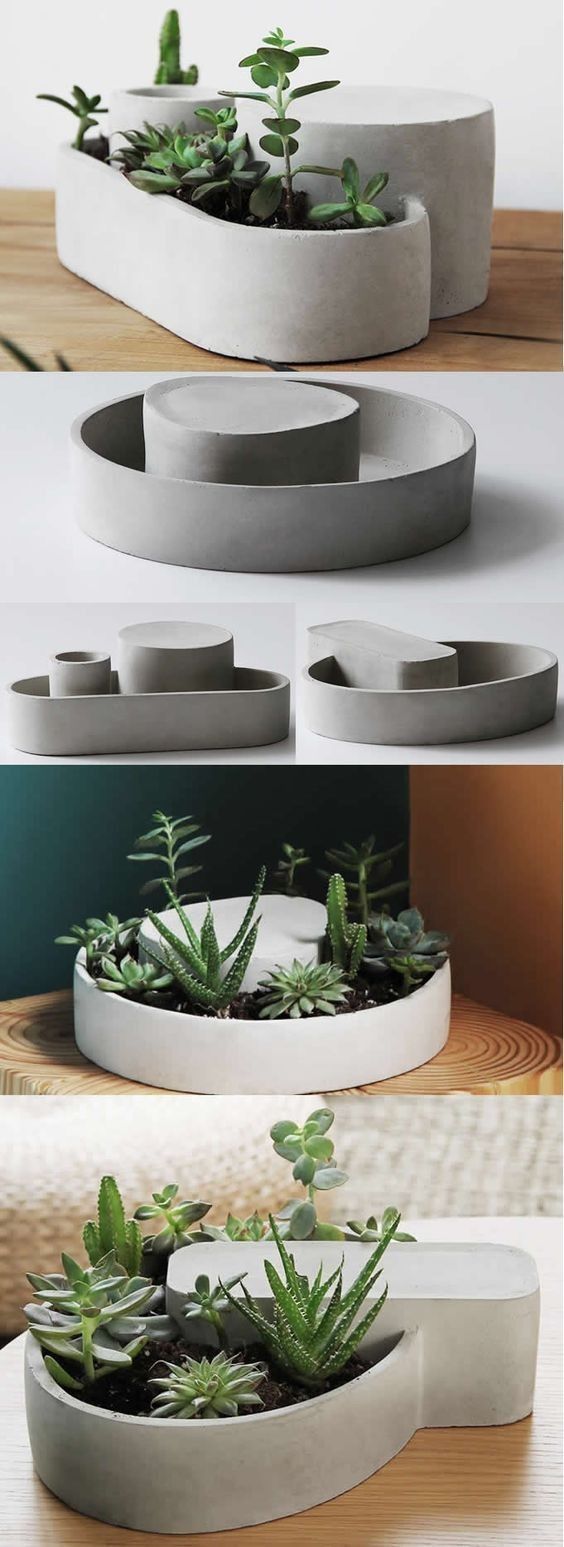 three different angles of a planter with succulents and plants in it