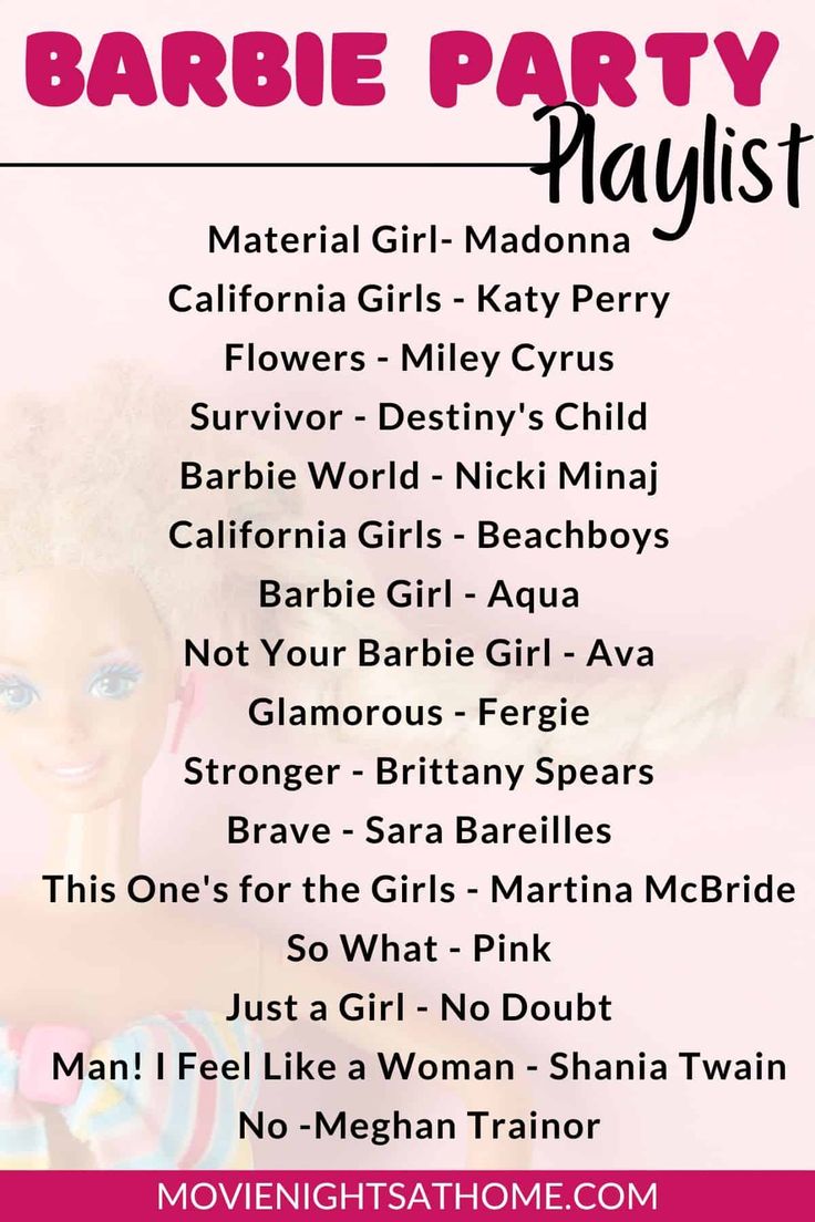 the barbie party playlist is shown in pink and black, with an image of a doll