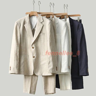 (eBay) Mens 2pcs Summer 100% Linen Blazers Coat Trousers Casual Jackets Pants Plus Size Casual Tailored Sets With Pockets, Solid Color Linen Sets With Pockets, Solid Linen Sets With Pockets, Casual Tailored Suits With Buttons, Summer Suit Collar Sets With Pockets, Casual Suits With Pockets, Formal Cotton Sets With Pockets, Casual Beige Suit With Notch Lapel, Tailored Beige Casual Suits