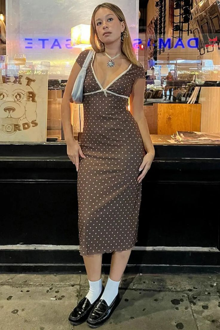 49192290910518|49192290943286|49192290976054 Elegant Polka Dot V-neck Midi Dress, Retro Fitted Midi Dress With V-neck, Chic Polka Dot Knee-length Midi Dress, Casual Fitted Polka Dot Midi Dress, Elegant Short Sleeve Polka Dot Midi Dress, Fitted Polka Dot Midi Dress, Fitted Polka Dot Midi Dress For Date Night, Brown Short Sleeve Midi Dress For Party, Brown Short Sleeve Midi Dress For Date Night