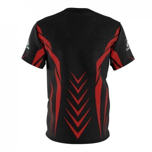 a black and red t - shirt with arrows on the chest, showing an inverted design